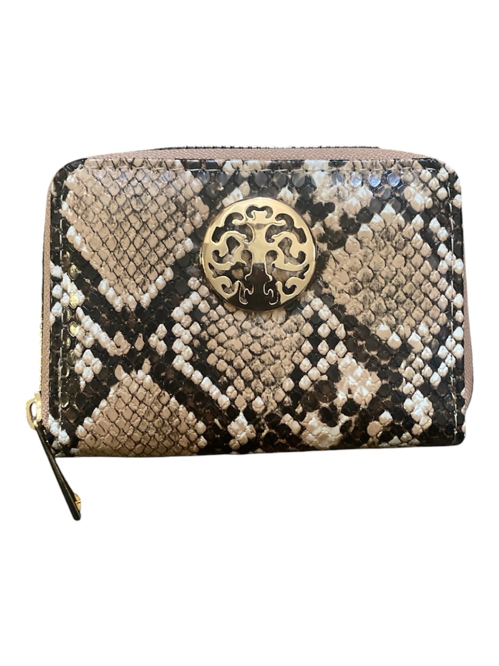 Snake-Print Zip Wallet with Gold Medallion - Beige/Black